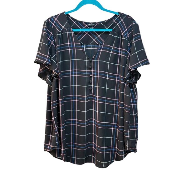 Torrid Blouse Womens 2 Black Plaid Harper Button Front Short Sleeve Plus Size - Picture 1 of 6
